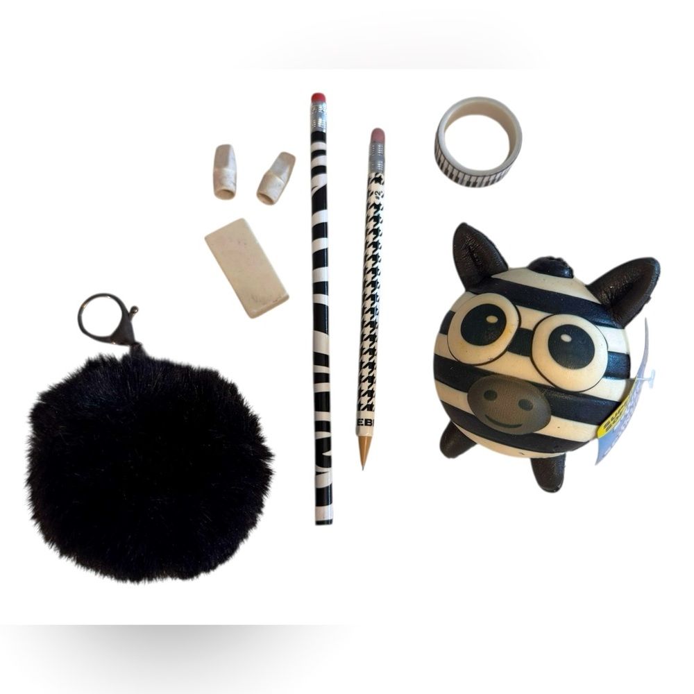 Fun black & white bundle squishy toy piano tape erasers pencils & purse charm